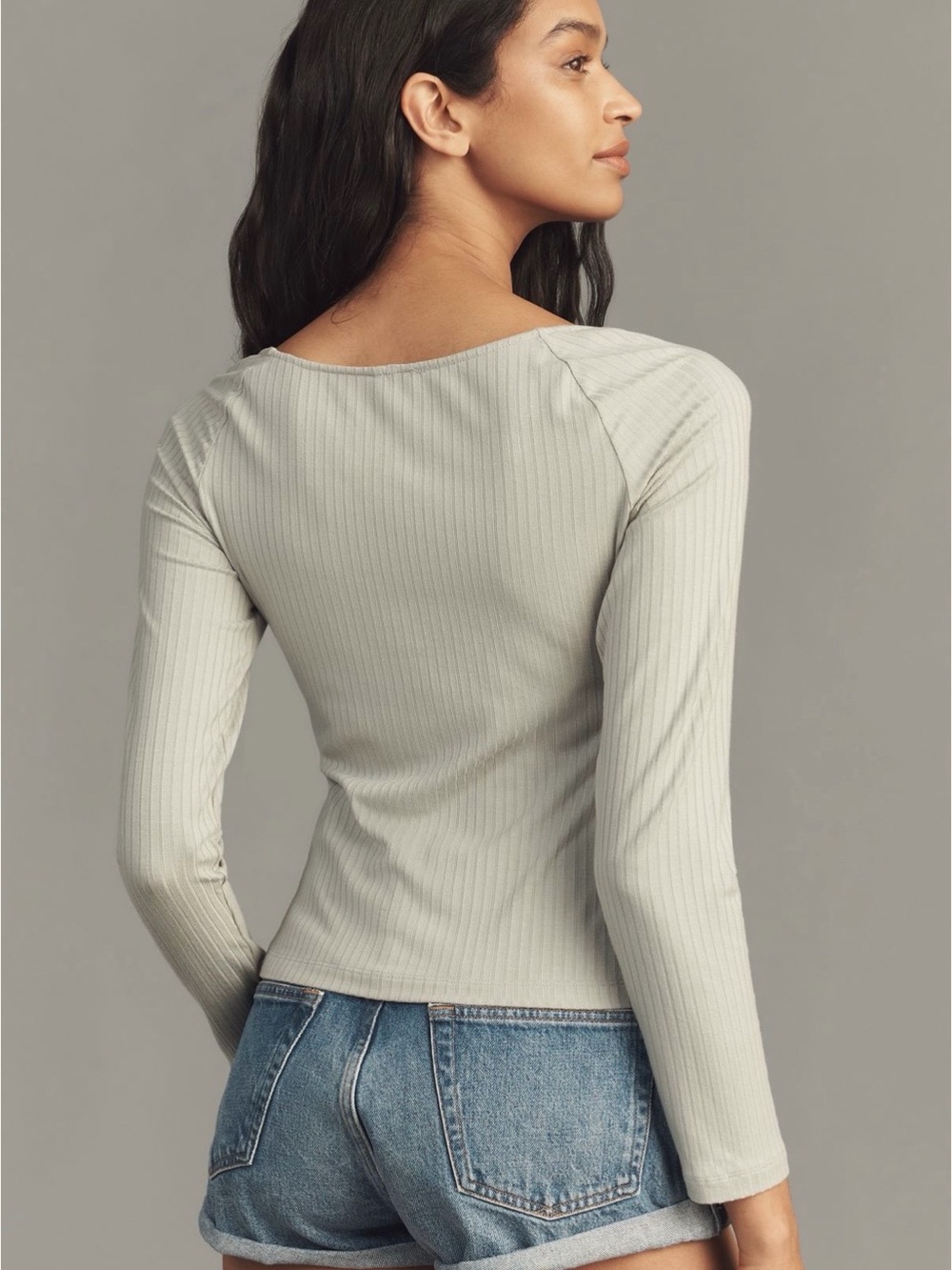 NEW Anthropologie Light Green Sage Ribbed Buttoned Boatneck Thermal Top Medium
